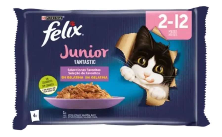 Felix Fantastique Junior 4x85g Chatons / Kitten Gourmands avec Tendres Morceaux enrobés de Gélatine Succulente